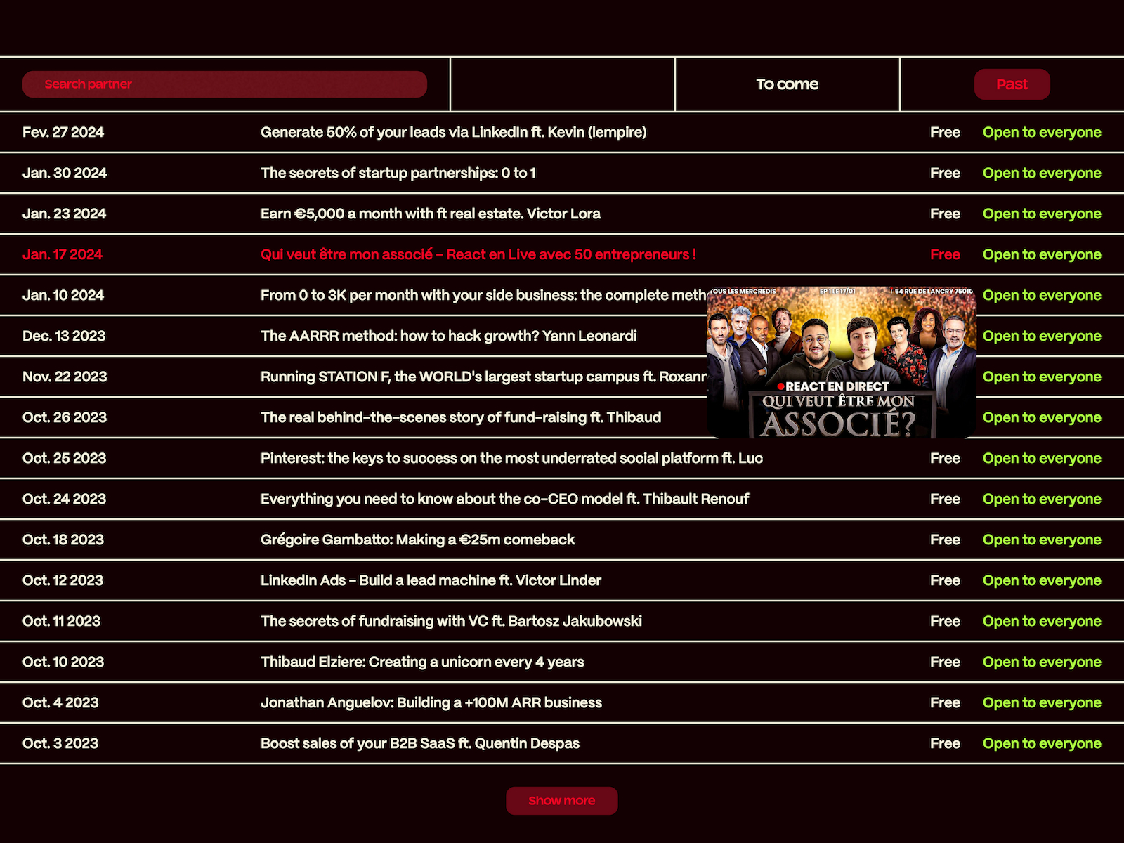 Overview of past and upcoming events at hover
